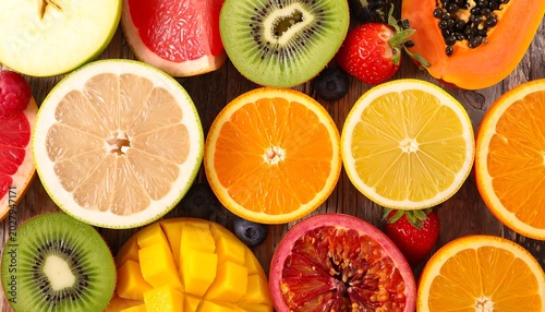 A vibrant arrangement of various halved fruits on a wooden surface