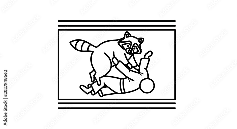 Fototapeta premium Funny Raccoon Wrestling Human in Outline Style
