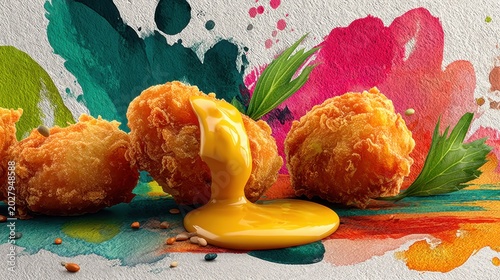 Crispy Golden Snack with Melting Sauce Surrounded by Colorful Paint Splashes on a Rustic Surface Ideal for Culinary Arts and Food Photography