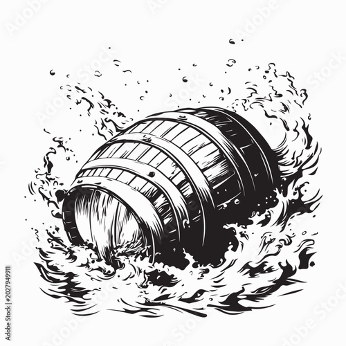 Ocean Waves Carrying Wooden Barrel Vector Illustration