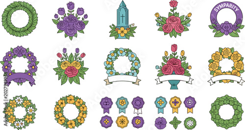 Tableau sur toile Funeral Wreath and Condolence Flower Bouquet Vector Set Isolated on White