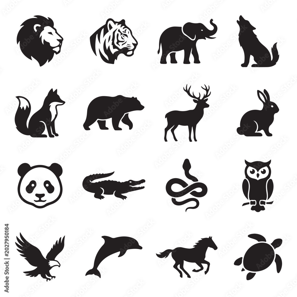 Obraz premium Wildlife animal vector icons pack featuring lion tiger elephant wolf fox bear deer rabbit panda crocodile snake owl eagle dolphin horse turtle silhouette