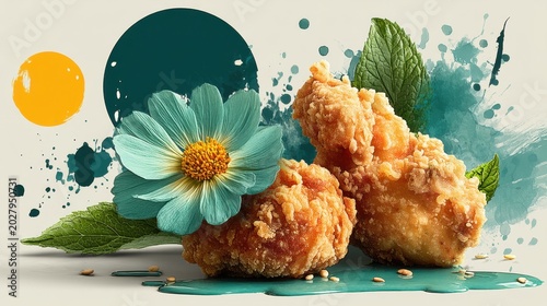 Crispy Fried Chicken with Mint Leaves and Floral Accents on Creative Colorful Background in Artistic Display for Culinary Photography