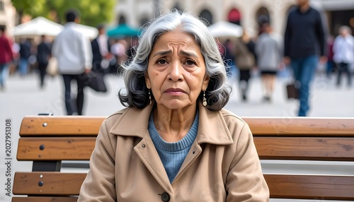 Concerned Elderly Woman Sitting on Wooden Bench in Busy Urban Plaza