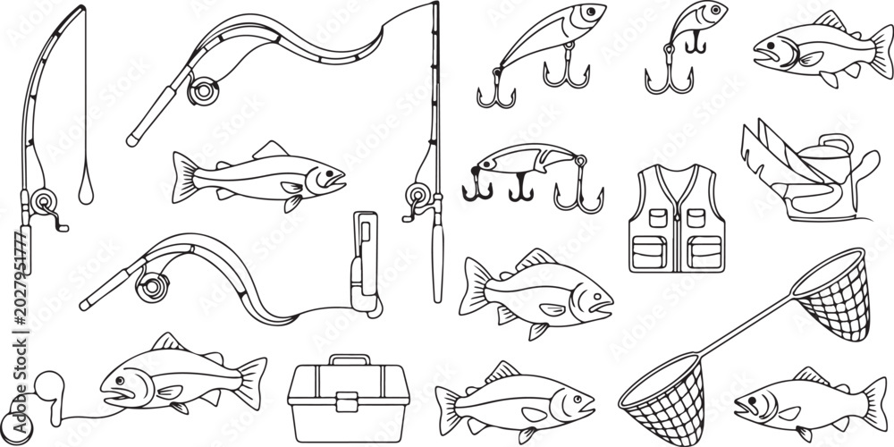 Fototapeta premium Fishing Line Icons with Tackle and Fish Illustrations