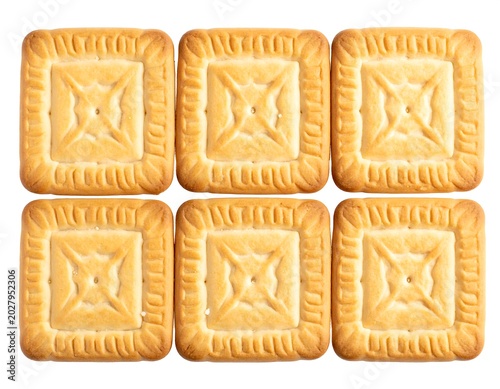Six Square Golden Biscuits Arranged in Neat Grid on White Background