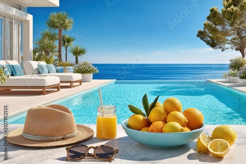 Relaxing infinity pool terrace with ocean view, bowl of citrus, sun hat and lounge chairs for summer escape