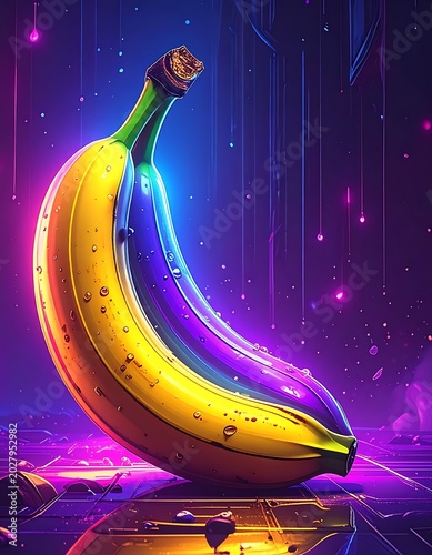 A vibrant banana with neon lights in a futuristic setting