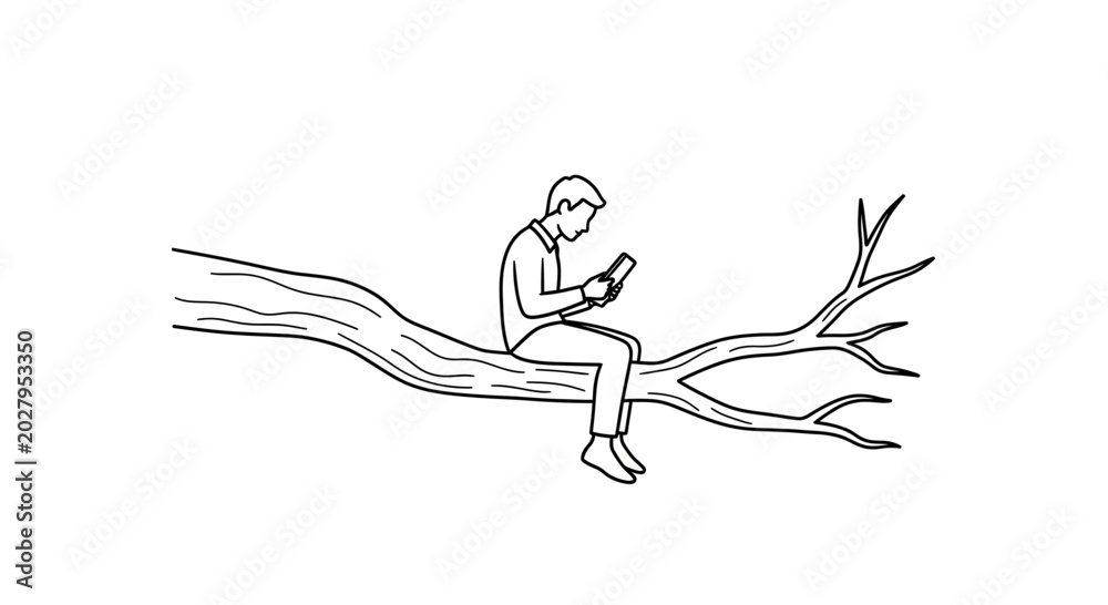 Fototapeta premium Man Sitting on Tree Branch Using Mobile Phone, Digital Detox Concept