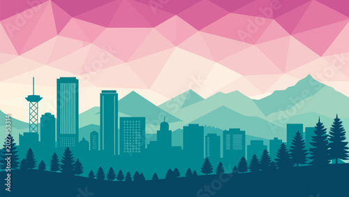 Denver urban landscape with abstract facet and mountain range at sunset