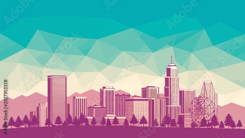 Denver urban landscape with abstract mountain range in pink and blue hues