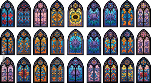 Tableau sur toile Colorful Gothic Stained Glass Window Collection with Floral Cathedral Designs, M