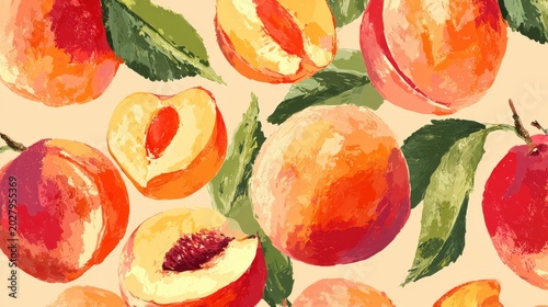 10.All-over seamless summer fruit background featuring hand-drawn peaches or apricots and slices, warm tones, lively and refreshing vector design