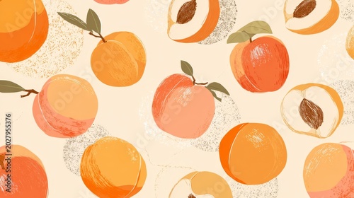10.All-over seamless summer fruit background featuring hand-drawn peaches or apricots and slices, warm tones, lively and refreshing vector design