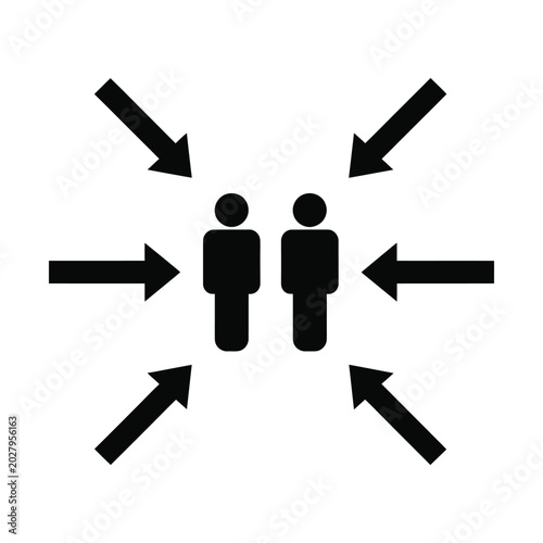 Minimalist assembly point icon, black silhouette of people with inward arrows, emergency evacuation vector sign