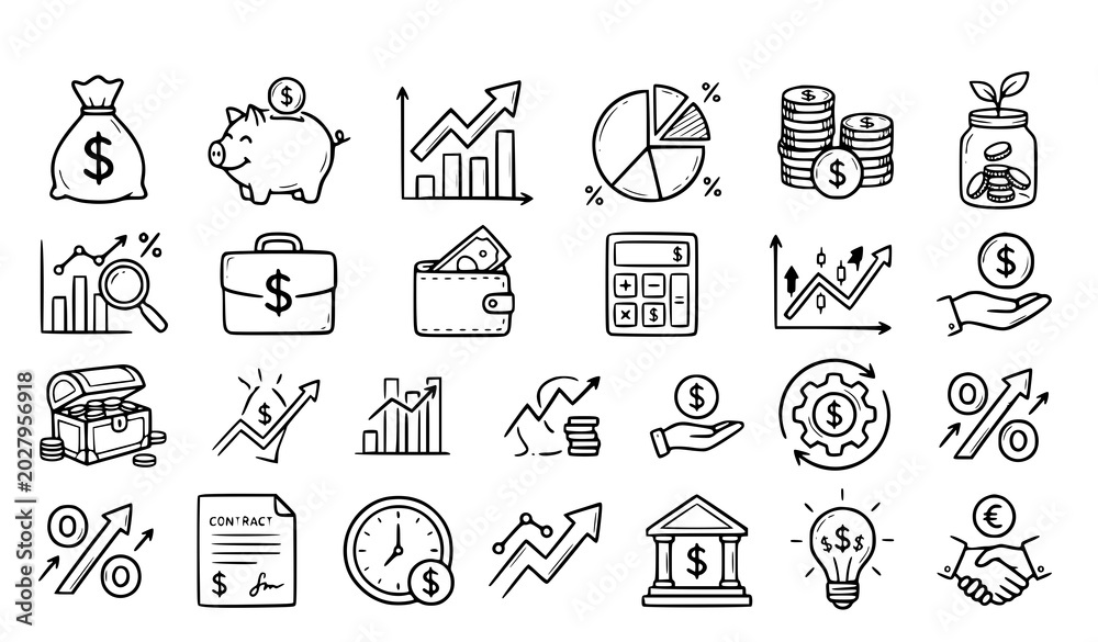 Fototapeta premium Hand drawn financial doodle icon vector set isolated on white background