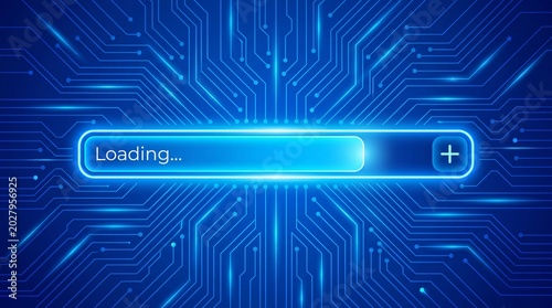 Glowing blue loading bar on a circuit board background with neon lines and a plus sign