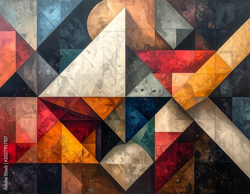 Colorful Geometric Abstract Shapes Arranged in Textured Modern Mosaic Pattern
