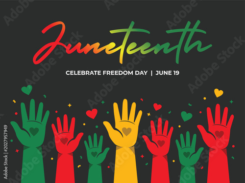 Tableau sur toile Juneteenth Celebration of Freedom Day Graphic Design with Raised Hands and Heart