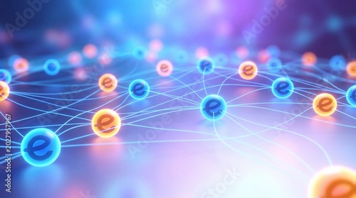 Glowing network connections with e symbols on a purple background