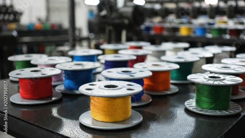 Colored bobbins placed on machine table in workshop