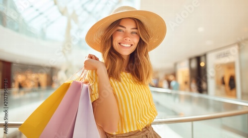 Happy woman with shopping bags smiles in a mall