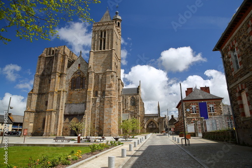Cathedral square in Dol de Bretagne, Brittany, France, with the impressive facade of Saint Samson Cathedral