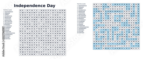 Independence Day word search puzzle with blue highlights and answers  