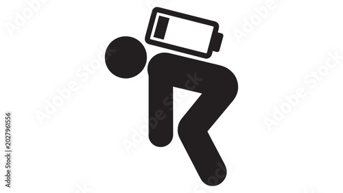 Exhausted stick figure person with a low battery symbol on back for fatigue burnout concepts