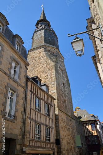 The Clock Tower viewed from rue de l'horloge (Horloge street) in Dinan, Brittany, Cotes d'Armor, France, with  half-timbered medieval houses