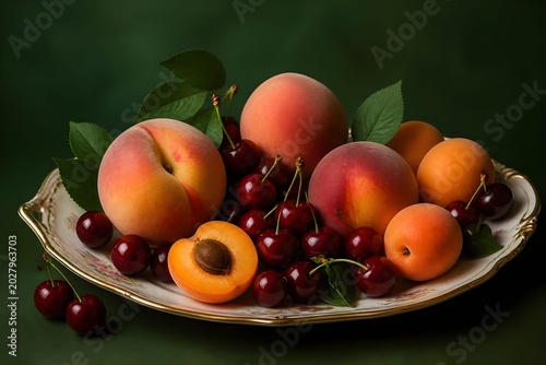 Estate, dieta salutare con frutta e vitamine: elegante piatto con melone, ciliegie, albicocche, pesche, fichi, fragole