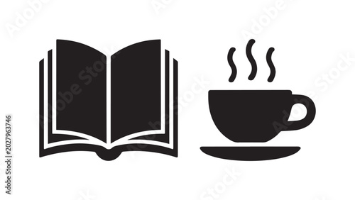 Open book icon with a hot coffee cup on saucer for education, reading, and library concepts