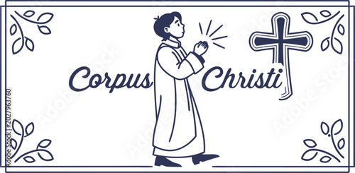 Foto Corpus christi religious illustration with a praying boy and a cross