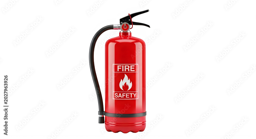 Obraz premium Red fire extinguisher with safety label on transparent background isolated cutout