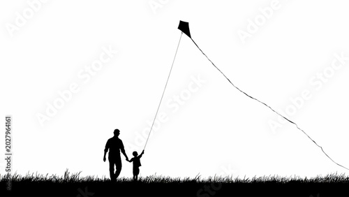 Foto Silhouette of father and child flying kite, black kite silhouette, grassy field,