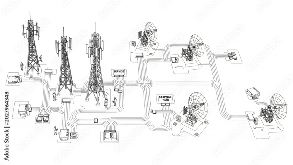 Obraz premium Top-Down Telecommunication Network Infrastructure with Technicians Managing Towers, Fiber Routes, Relay Stations and Connected Service Hubs in Thin Line CAD Architectural Silhouette Vector