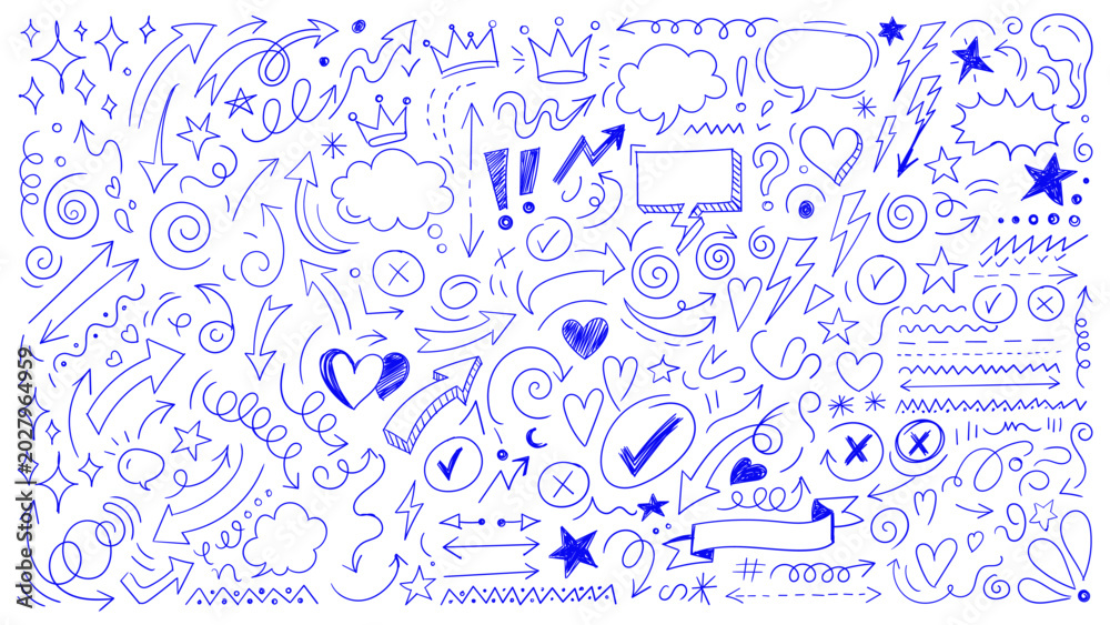 Obraz premium Handdrawn blue doodle elements arrows, hearts, stars, clouds, crowns, speech bubbles, checkmarks, and crosses on a white background