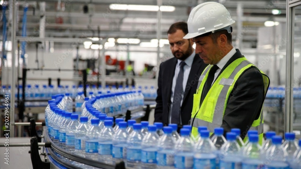 Obraz premium Factory supervisors inspecting bottled water production line