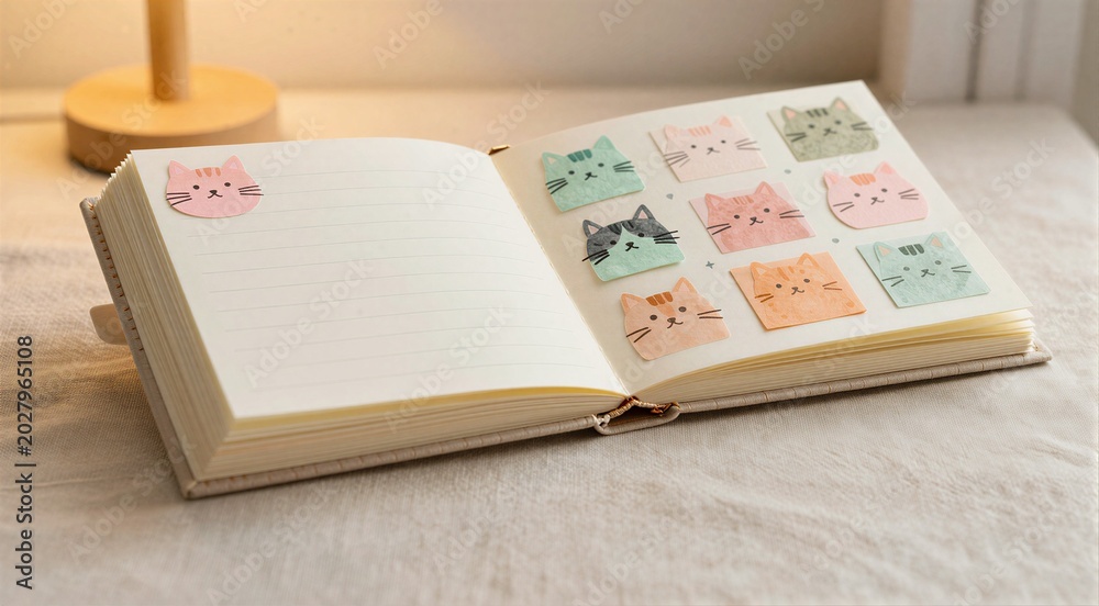 Fototapeta premium Open notebook displaying cat sticky notes on bedside table
