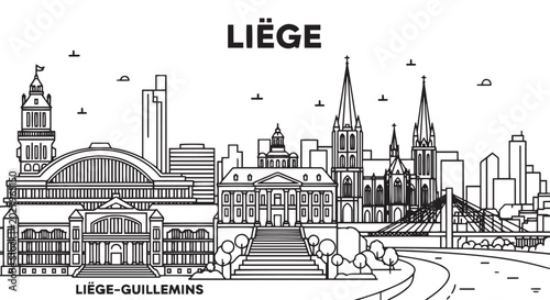Slika na platnu Liege Belgium Skyline Black and White Cityscape Illustration