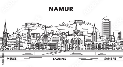 Tableau sur toile Namur Belgium Cityscape Illustration in Black and White