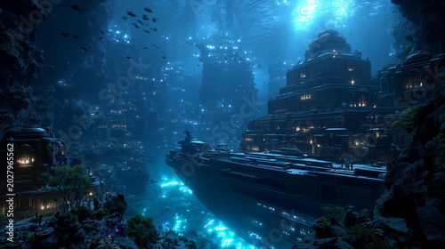 ultra realistic underwater canyon with a giant ancient shipwreck resting on the ocean floor, bioluminescent fish surrounding the ruins, cinematic underwater photography, highly detailed textures.