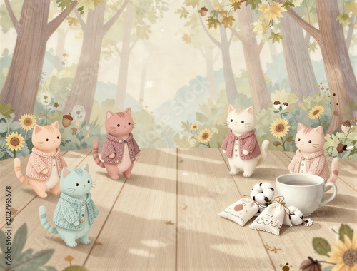 Group of toy cats standing together on wooden forest platform