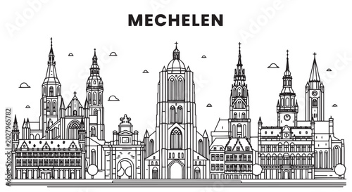 Fényképezés Mechelen Belgium Cityscape Silhouette Design Line Art Illustration