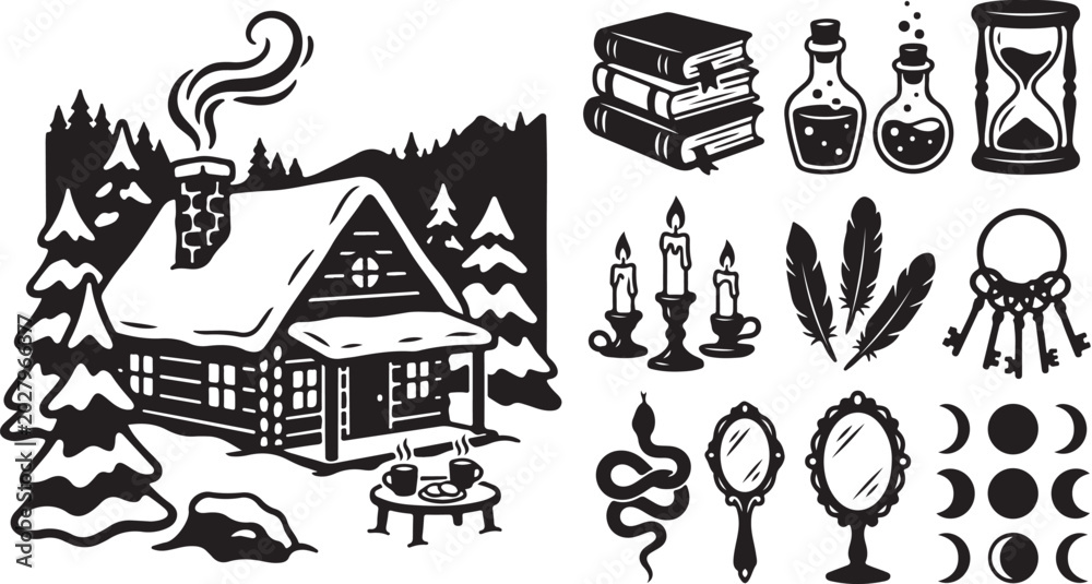 Naklejka premium Whimsical Black and White Vector Illustration Set Design