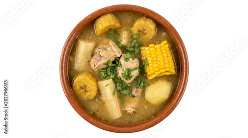 Bowl of Sancocho Soup with Plantain and Corn.