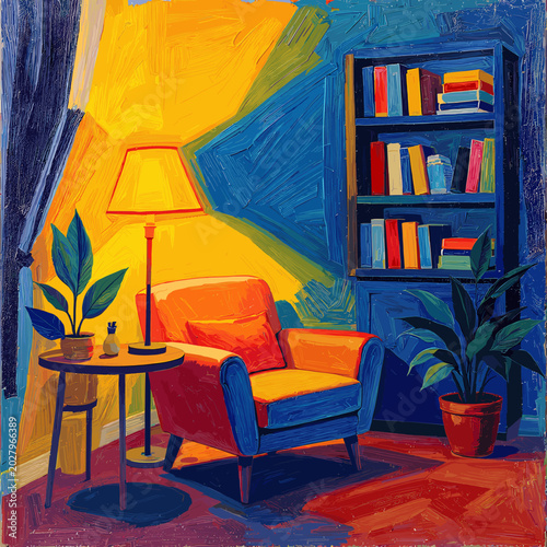 Fényképezés A vibrant, abstract painting of a cozy living room with an orange armchair, a yellow lamp, a blue bookshelf, and potted plants, featuring bold geometric shapes and bright colors