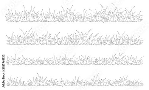 Hand drawn grass border vector set, minimalist black and white meadow sketches, botanical line art grass tufts for landscape design and garden illustrations