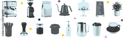 Tableau sur toile Halftone, pop art, dot, halftone collage elements set, cut out coffee shop equip