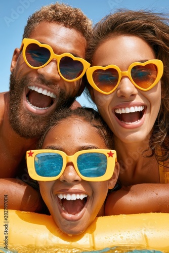 Happy family and friends smiling together in summer pool wearing yellow sunglasses and having fun